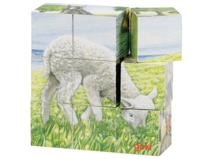 Goki Dřevěné kostky Zvířátka na statku 9 ks