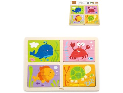 VIGA DŘEVO Puzzle na desce 4v1 mořská zvířátka baby skládačka 16 dílků