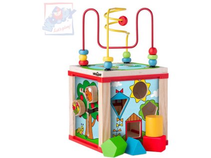 WOODY DŘEVO Baby kostka didaktická vkládačka s labyrintem a aktivitami pro miminko
