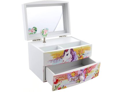 DŘEVO Šperkovnice jednorožec s melodií se zrcátkem na natažení