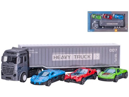 Auto nákladní kovový kamion set se 3 auty volný chod