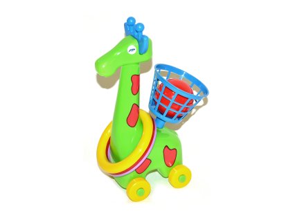 Žirafa házecí na kolečkách s kroužky a košíkem
