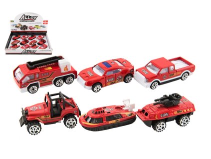 Auto hasiči kov/plast 7cm na volný chod mix druhů 12ks v boxu