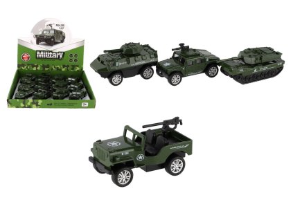 Auto vojenské mini kov/plast 7-8cm na zpětné natažení 4 druhy 12 ks v boxu