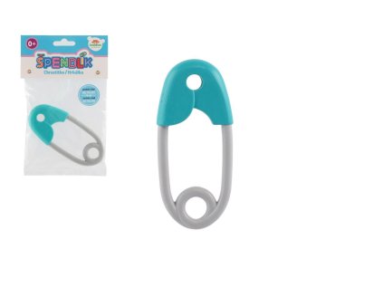 Chrastítko špendlík plast 12cm tyrkysovošedé 12x19cm v sáčku 0m+