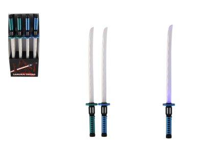 Meč samurajský svítící plast 73cm na baterie se zvukem se světlem 2 barvy 16ks v boxu