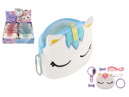 Peněženka dívčí jednorožec semiš 12x10cm s doplňky do vlasů 2 barvy v sáčku 16ks v boxu