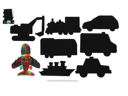 Škrabací obrázek 8ks výřez duhový dopravní prostředky 14-15cm v sáčku