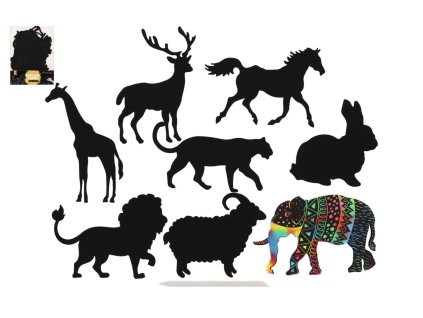 Škrabací obrázek 8ks výřez duhový zvířata 14-15cm v sáčku