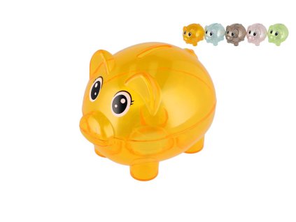 Pokladnička prasátko průhledné plast 10cm mix barev v krabičce 11x9cm