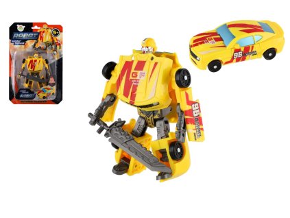 Transformer auto/robot plast 14cm žlutý na kartě 17x26x6cm