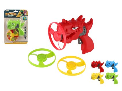 Vystřelovací vrtulka 3ks + startér pistole dinosaurus plast 4 barvy na kartě 15,5x24x5cm