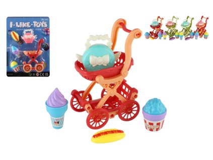 Kočárek mini s doplňky plast 9x13cm 4 barvy na kartě 18x25x6cm