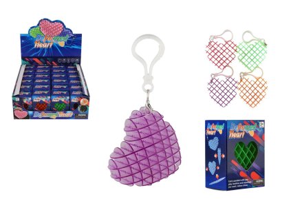 Přívěsek fidget srdce měnící tvar antistresový plast 6cm 4 barvy v krabičce 6x6,5cm 24ks v boxu