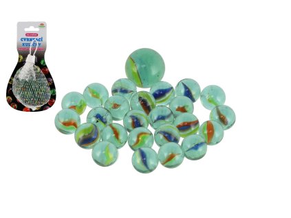 Kuličky cvrnkací skleněné různé velikosti v síťce na kartě 10,5x19cm