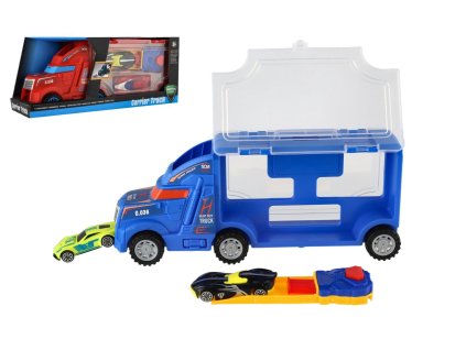 Auto kamion přepravník + auto 2ks plast 28cm na volný běh 2 barvy v krabici 29x12x8cm