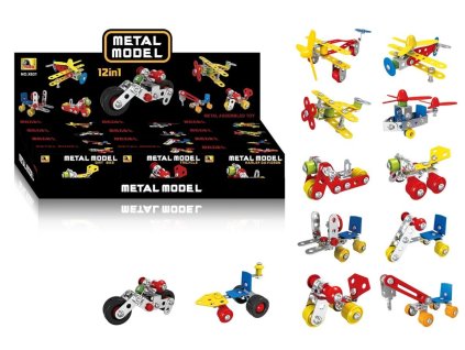 Stavebnice dopravní prostředek kov/plast v krabičce 11x6cm mix druhů 12ks v boxu