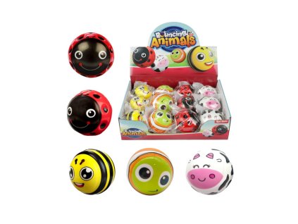 Míček skákací zvířátko guma 6cm 4 druhy v sáčku 12 ks v boxu