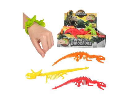 Náramek dinosaurus natahovací mačkací silikon 22cm 4 barvy 24ks v boxu