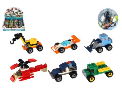 Stavebnice dopravní prostředek plast 6cm mix druhů v kouli 12ks v boxu