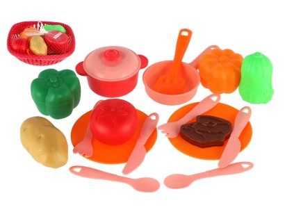 Sada nádobí v ošatce plast s doplňky v síťce 20x20x7cm