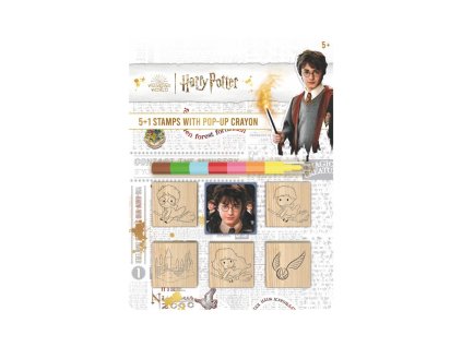 Razítka 5+1 s poduškou dřevěná 5x5cm s voskovkou Harry Potter na kartě