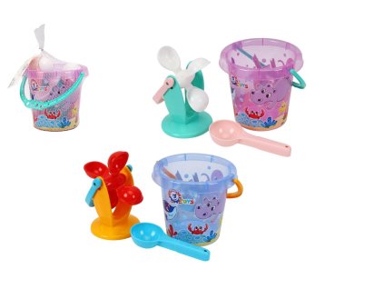Sada na písek a k vodě plast kbelík, mlýnek s doplňky v síťce 17x16cm
