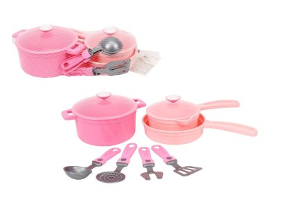 Sada nádobí s doplňky plast růžová v síťce 20x30x10cm 18m+