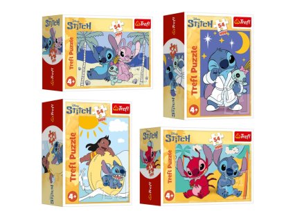 Minipuzzle Stitchova dobrodružství 54 dílků 4 druhy v krabičce 6x9x4cm 40ks v boxu
