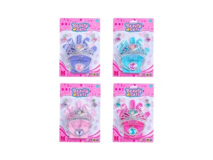 Sada krásy plast korunka, náhrdelník, naušnice, rukavičky 3 barvy na kartě 17,5x27,5cm