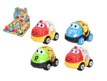 Autíčko s chrastítkem plast 9,5cm 4 barvy 12ks v boxu 6m+