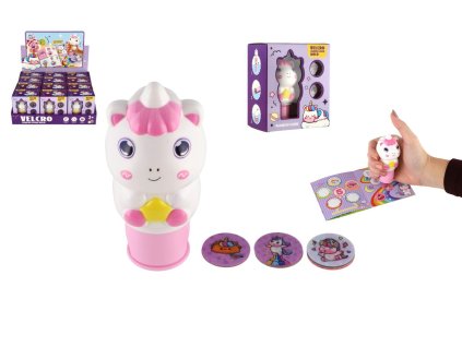 Samolepkové razítko/Razítko se samolepkami jednorožec plast s nálněmi v krabičce 10x12cm 12ks v boxu