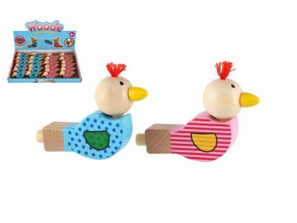 Píšťalka ptáček dřevo 8cm 2 barvy v sáčku 24ks v boxu