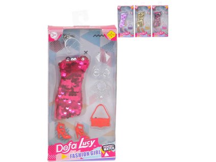 Šaty společenské flitrové pro panenku set s fashion doplňky 4 barvy