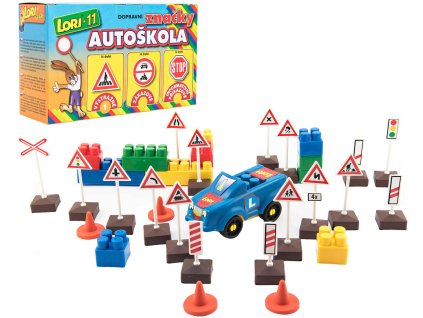 LORI 011 Autoškola set autíčko + dopravní značky 16ks s kužely 2ks 3 druhy 11