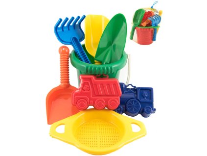 LORI 219 Pískový set kyblík se sítkem se 4 nástroji a bábovičkami 3 barvy