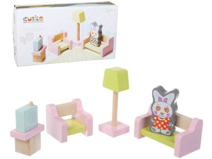 CUBIKA DŘEVO Obývací pokoj nábytek pro panenky s figurkou a magnetickými oblečky