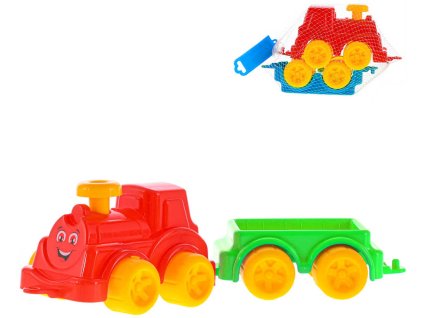 Baby vláček barevný set lokomotiva + vagón s obličejem 2 barvy plast