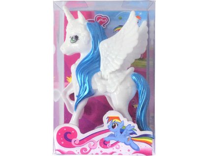 Jednorožec koník plastový bílo-modrý 10cm s křídly v krabičce