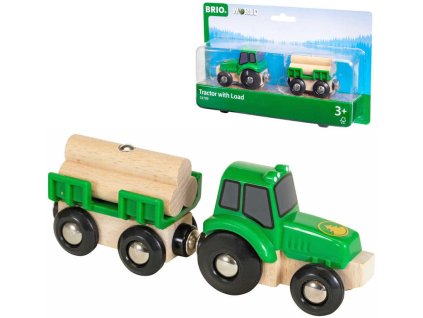 BRIO DŘEVO Set traktor s přívěsem a nákladem dřeva doplněk k vláčkodráze