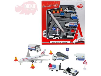 DICKIE Letiště hrací set airport letadlo + 3 auta s doplňky kov v krabici