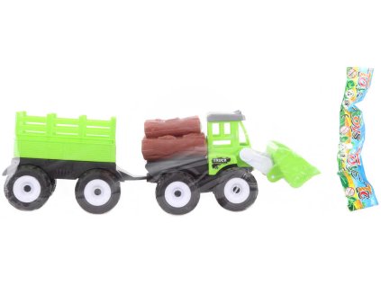 Traktor čelní nakladač set s vlekem a kládami dřeva plast