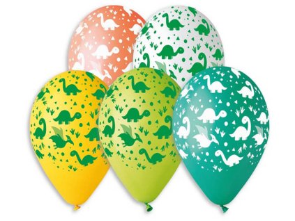 GEMAR Balónek nafukovací 30cm potisk DINO set 5ks různé barvy v sáčku