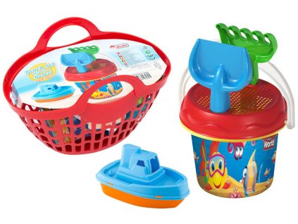 BINO Sada plážová na písek 6ks kyblík s nástroji a doplňky v košíku