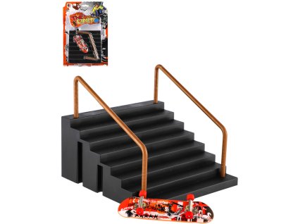Skateboard prstový fingerboard herní set se schůdky a zábradlím na kartě