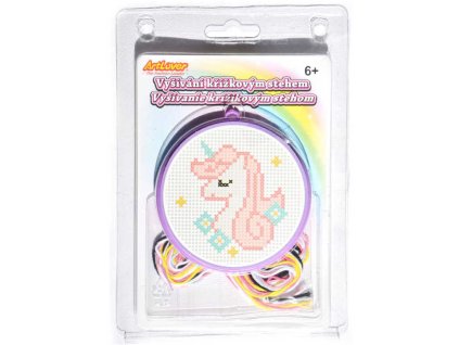Vyšívání křížkovým stehem Jednorožec kulatý obrázek v rámečku set s bavlnkami