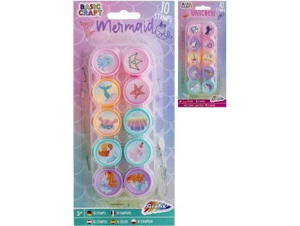 GRAFIX Razítka dětská jednorožec / mořská víla set 10ks 2 druhy plast