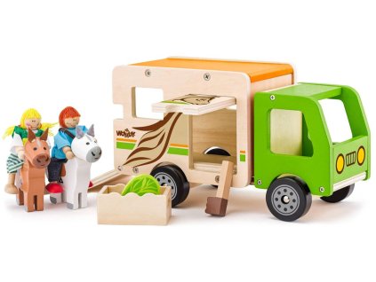 WOODY DŘEVO Auto přeprava koní funkční set se 2 koníky a figurkami