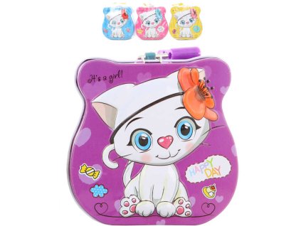 Pokladnička kočička 9cm dětská plechová kasička na zámek 4 barvy