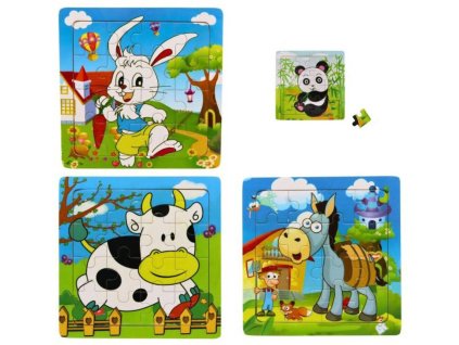 DŘEVO PUZZLE Zvířátka 15x15cm skládačka na desce 16 dílků 4 druhy